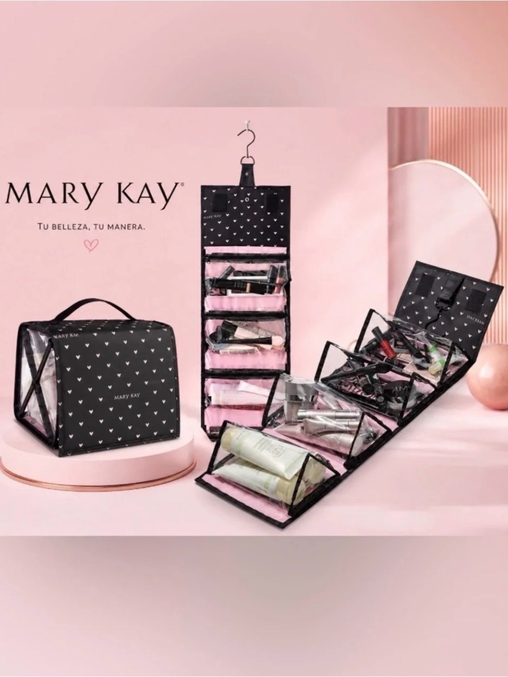 Mary Kay Black & Pink Hanging Travel Makeup Organizer with Clear Compartments